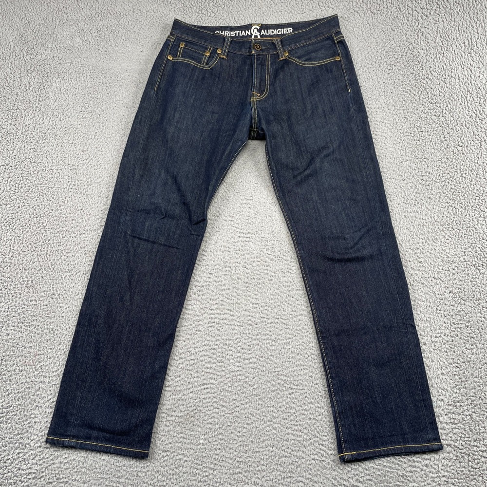 Christian Audigier Jeans Mens 30x30 Blue Straight Leg Dark Wash Stretch Denim